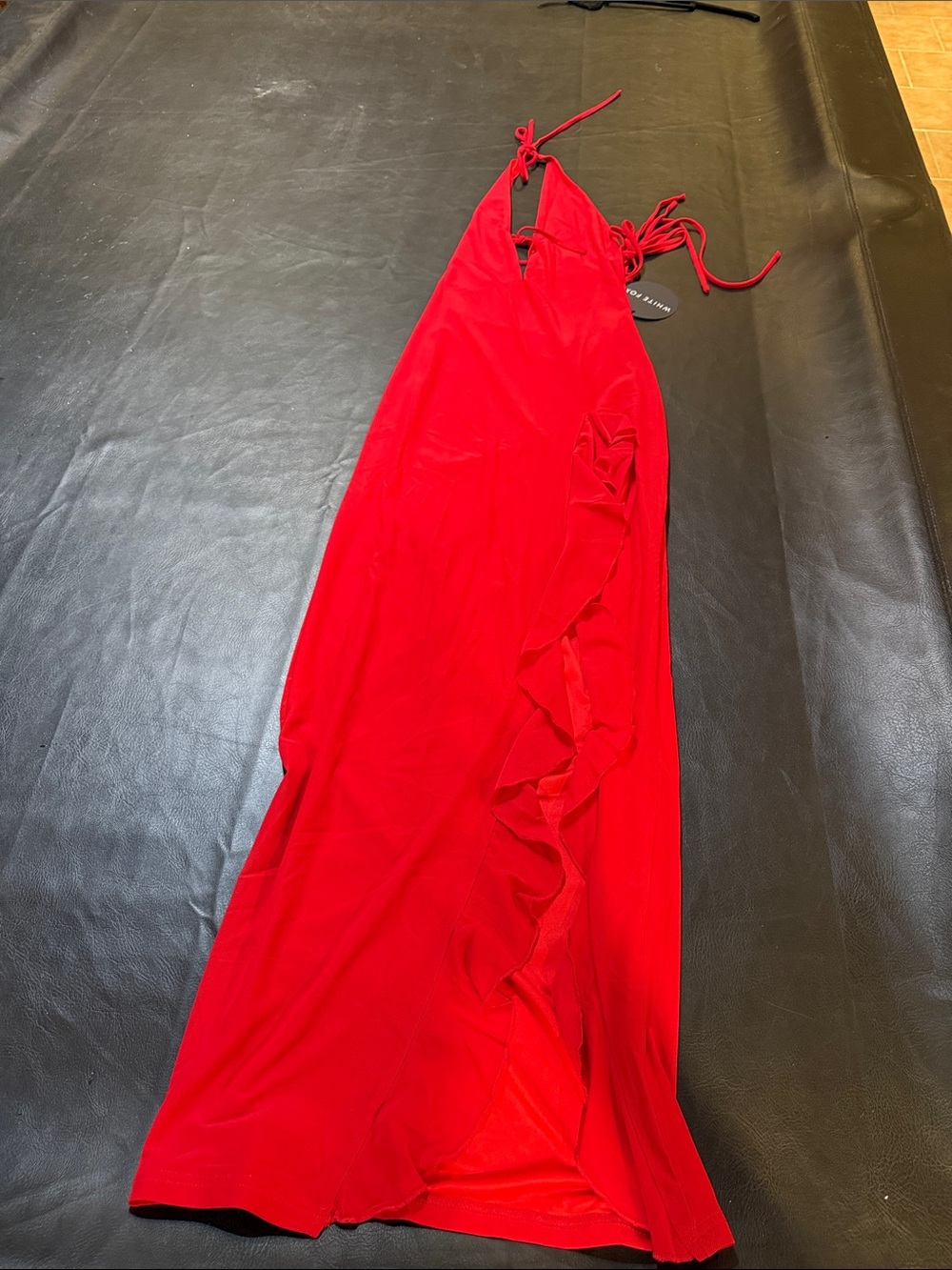 White Fox Boutique Red Halter Ruffle-Trim Maxi Dress
